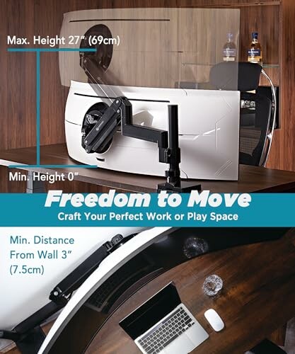 Adjustable desk mount with monitor arm showing height and distance specifications.