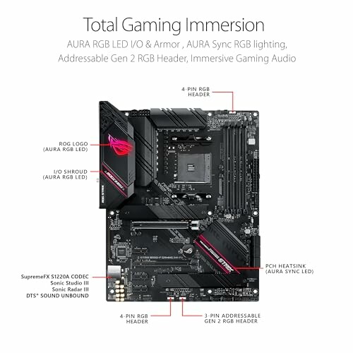 ASUS gaming motherboard with RGB lighting and audio features.