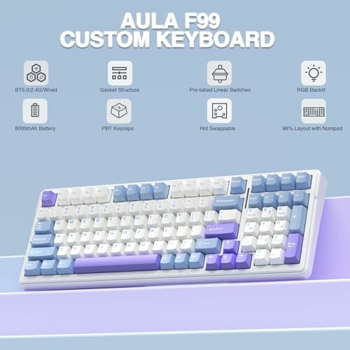 AULA F99 custom keyboard with various features displayed.