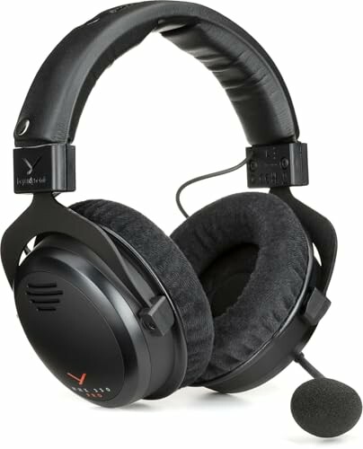 Black gaming headset with attached microphone.