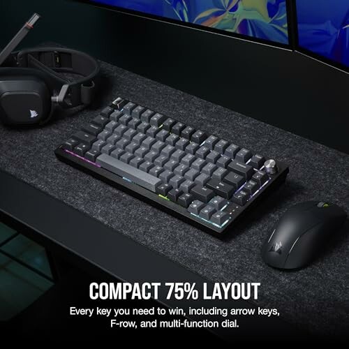 Compact 75% keyboard with headset and mouse on desk