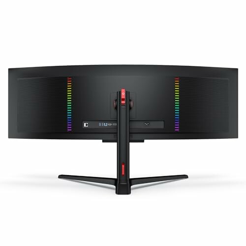 Back view of a curved gaming monitor with colorful LED lights.