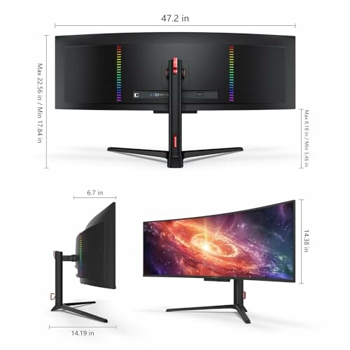 Curved gaming monitor with dimensions and colorful screen.