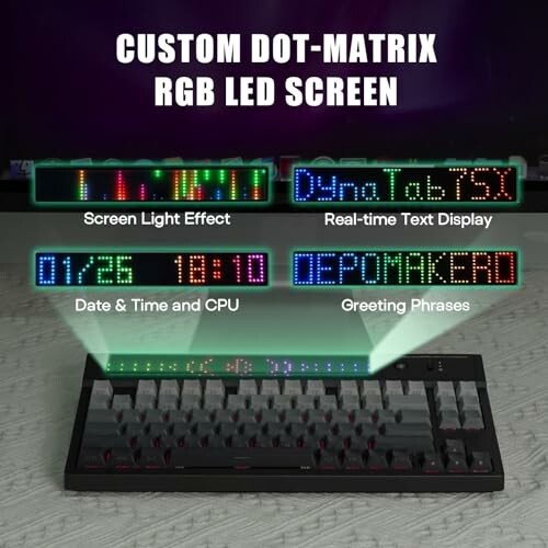 Keyboard with custom RGB LED screen displaying various text and settings