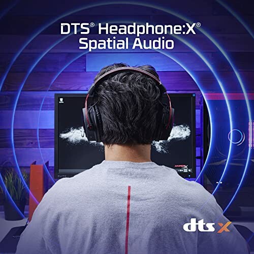 Person wearing headphones in front of a computer with DTS Headphone:X Spatial Audio effect.