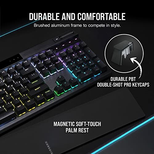 Gaming keyboard with RGB lighting and magnetic palm rest.