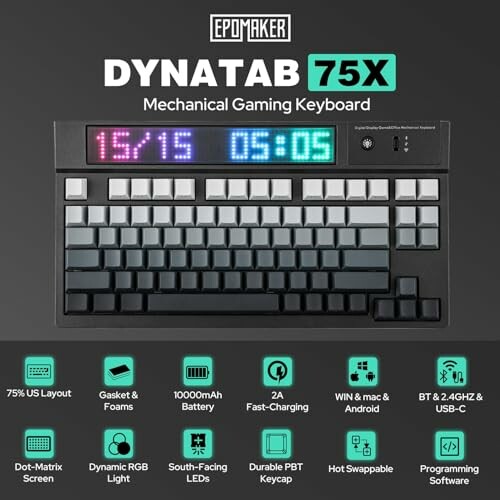 EpoMaker DynaTab 75X mechanical gaming keyboard with LED display and various features