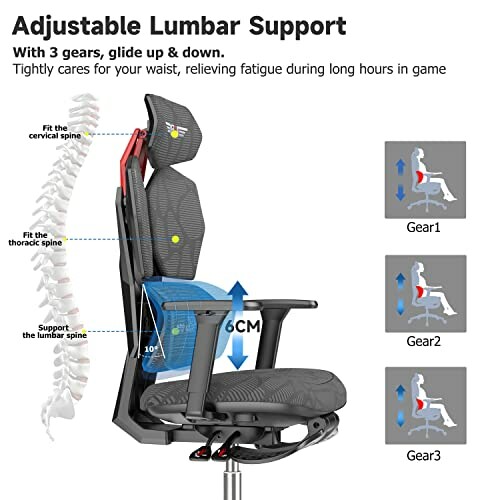 Ergonomic gaming chair with adjustable lumbar support and three gears for spine alignment.