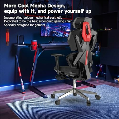 Ergonomic gaming chair with mecha design in modern setup.