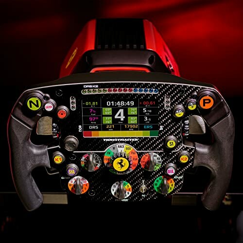 Formula 1 racing simulator steering wheel with digital display and controls.