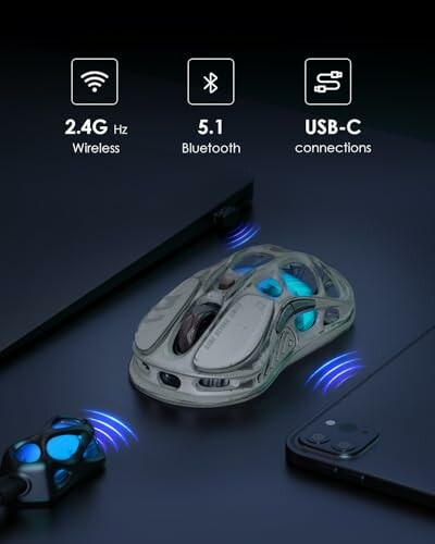 Futuristic wireless mouse with Bluetooth and USB-C connectivity options.