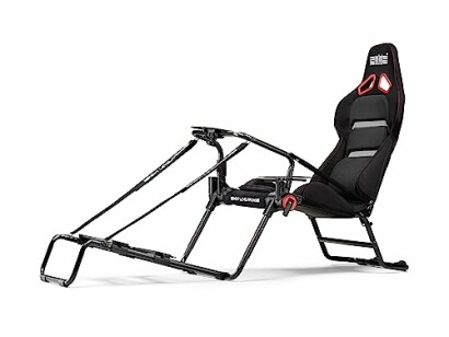 Racing simulator seat frame with black padded chair.