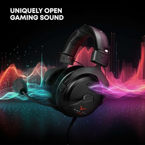 Gaming headset with colorful sound waves and text 'Uniquely Open Gaming Sound'.