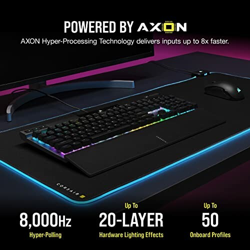 Corsair gaming keyboard with RGB lighting on desk, highlighting AXON technology and 8000Hz polling rate