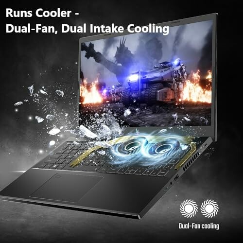 Gaming laptop with dual-fan cooling system and action game on screen.