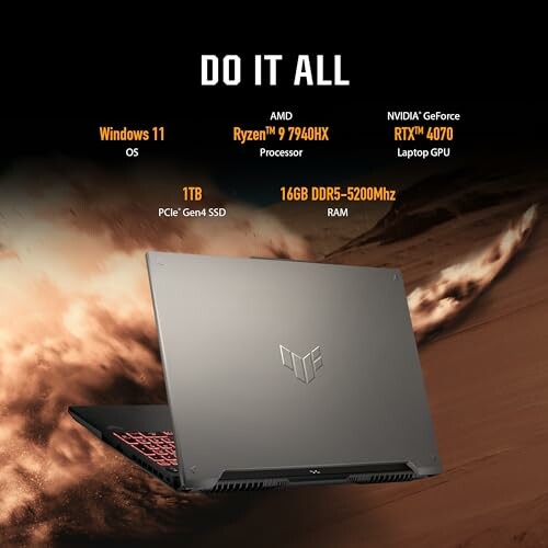 Back view of a gaming laptop with AMD Ryzen 9, NVIDIA RTX 4070, Windows 11, 1TB SSD, 16GB RAM.