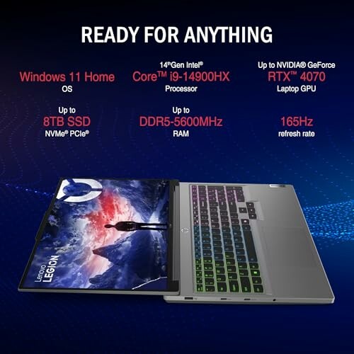 Gaming laptop with Intel i9-14900HX, NVIDIA RTX 4070, Windows 11, 8TB SSD, DDR5-5600MHz RAM, 165Hz display