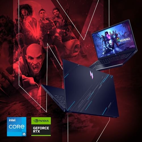 Two gaming laptops showcasing Redfall game with Intel and NVIDIA logos.