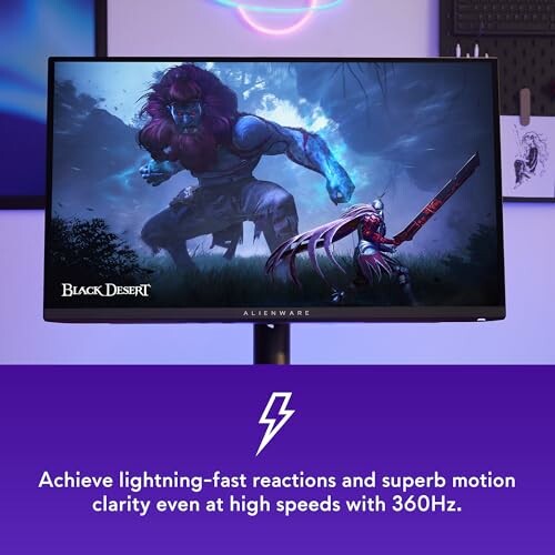 Gaming monitor displaying a battle scene from Black Desert with 360Hz refresh rate feature.