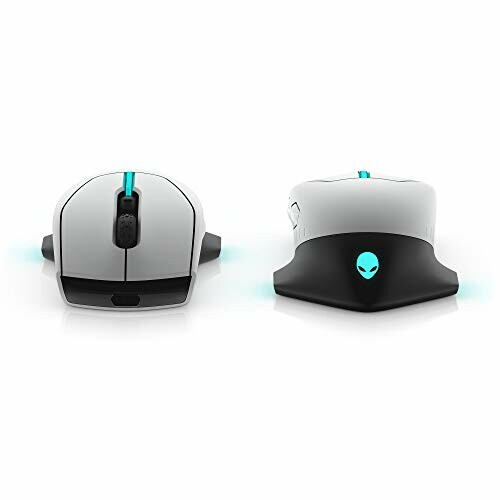 Front and back view of a gaming mouse with blue lighting accents.