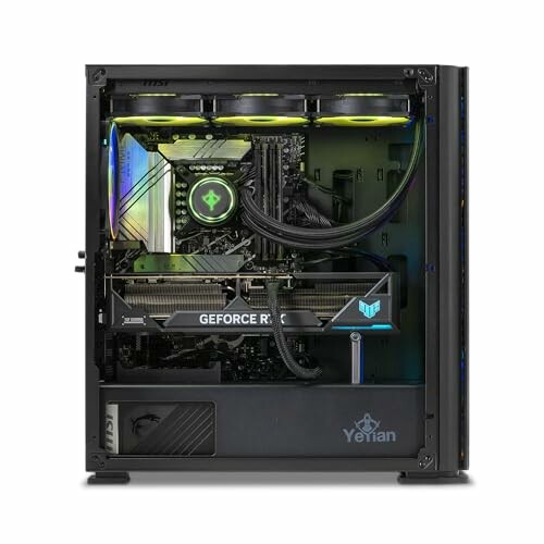 Open view of a gaming PC with RGB lighting and GeForce RTX graphics card