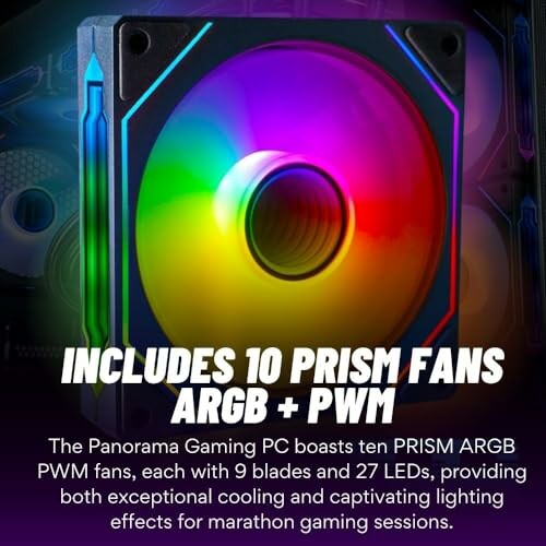 Colorful PRISM ARGB fan with text about gaming PC features.