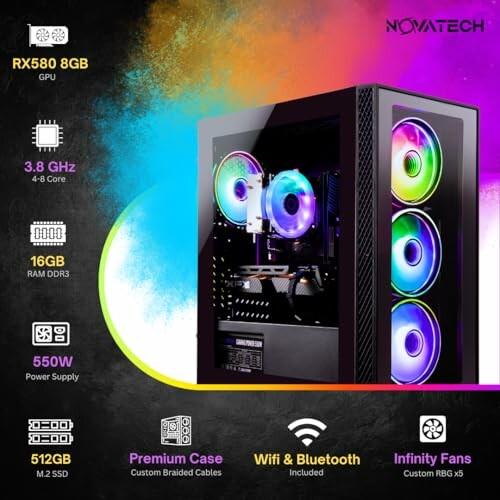 Gaming PC with RX580 GPU, 16GB RAM, 512GB SSD, and RGB fans.