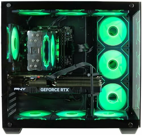 Open gaming PC case with green RGB lights and components visible.