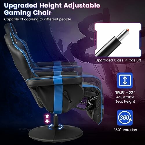 Height adjustable gaming chair with 360-degree rotation and Class-4 gas lift.