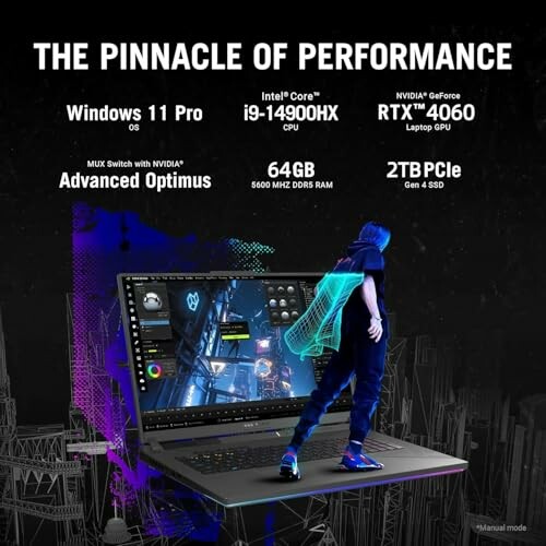 High-performance laptop with features: Intel Core i9 CPU, NVIDIA RTX 4060 GPU, 64GB RAM, 2TB PCIe SSD.