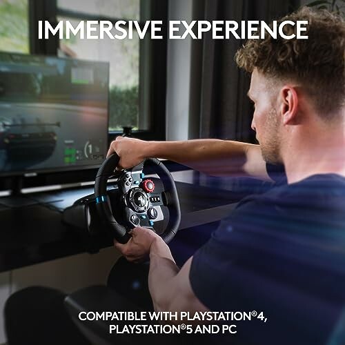 Person using racing simulator setup with steering wheel and large screen.