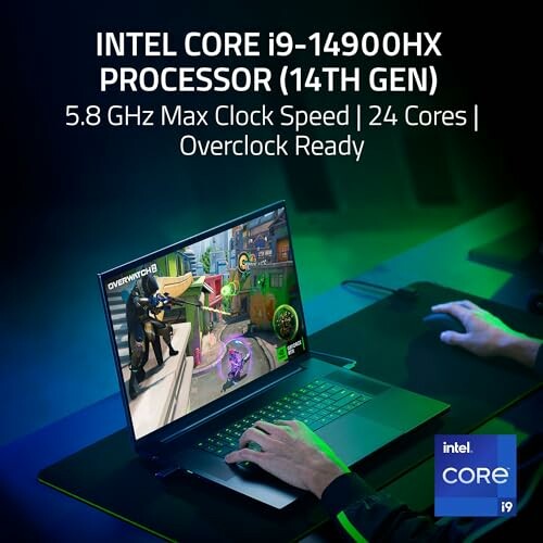 Intel Core i9-14900HX laptop gaming setup with specs and branding.