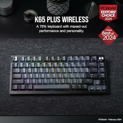 K65 Plus Wireless keyboard with RGB lighting and awards