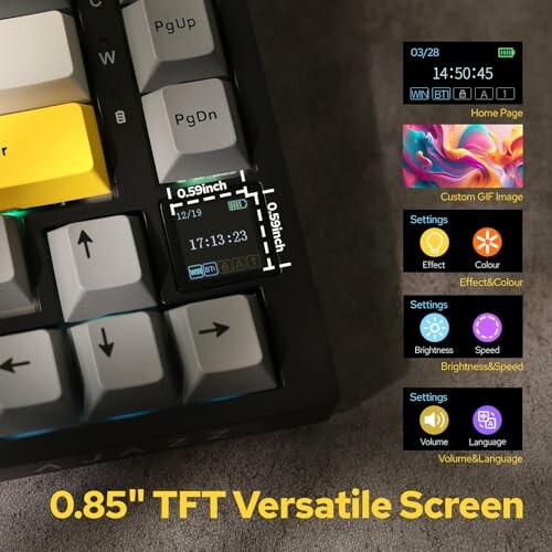 Mechanical keyboard with 0.85 inch TFT versatile screen displaying settings options.