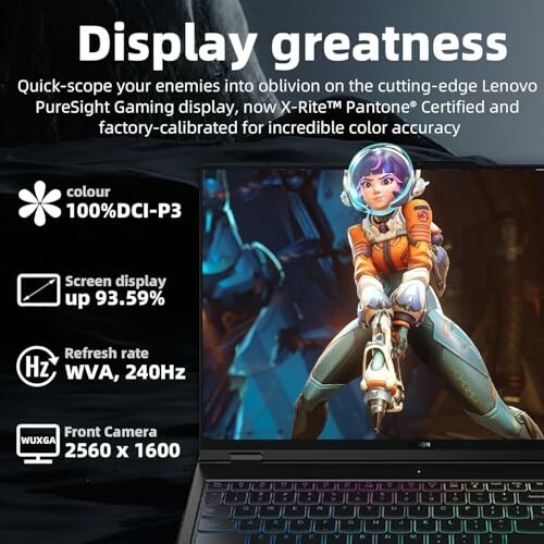 Lenovo gaming laptop with character on screen, highlighting display features.