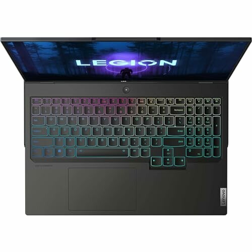 Top view of Lenovo Legion laptop with RGB keyboard lighting