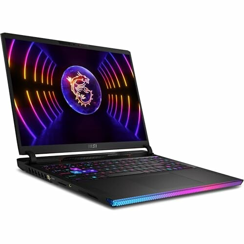 MSI gaming laptop with RGB lighting and dragon logo on screen.