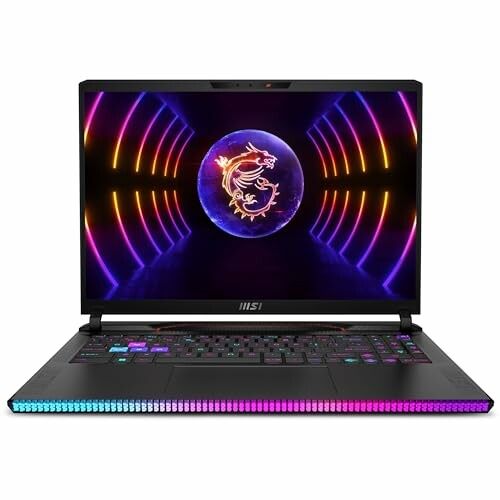 MSI gaming laptop with RGB lighting and dragon logo on screen