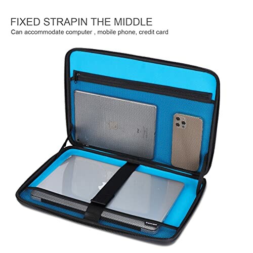 Open electronics case with compartments for laptop, tablet, and phone