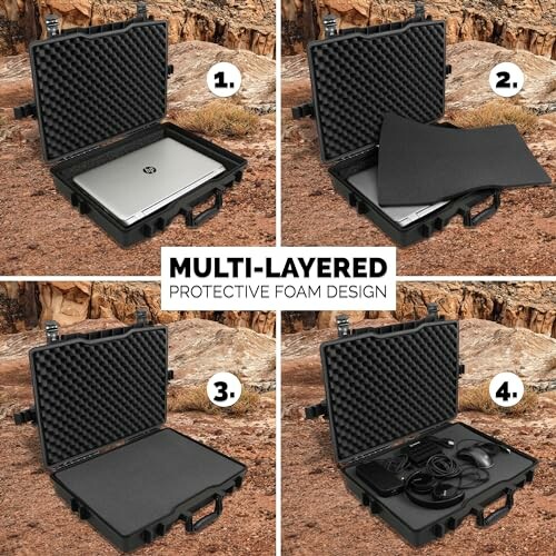 Protective foam case storing a laptop and accessories in four steps.