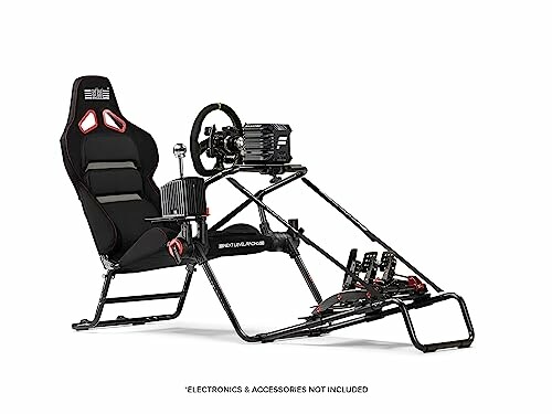 Racing simulator chair with steering wheel and pedals.