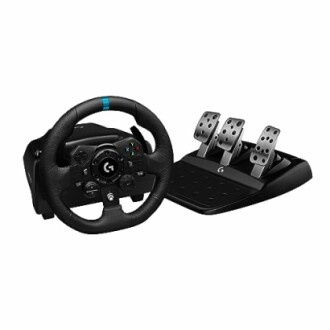 Racing wheel and pedal set for gaming.