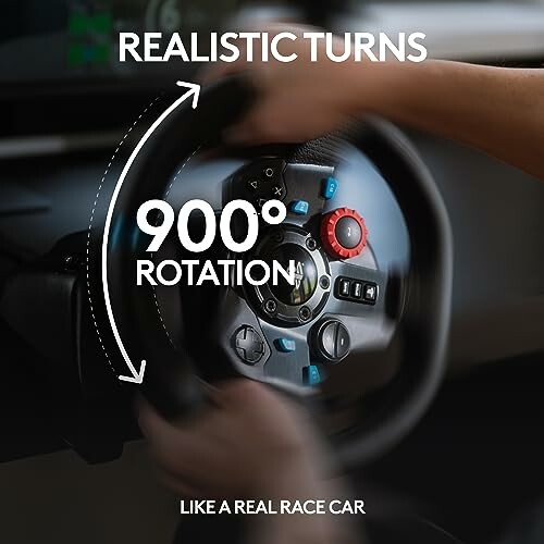 Hands turning a racing wheel with 900-degree rotation.