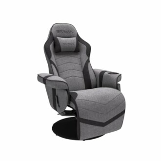 Gray Respawn reclining gaming chair with cup holder.