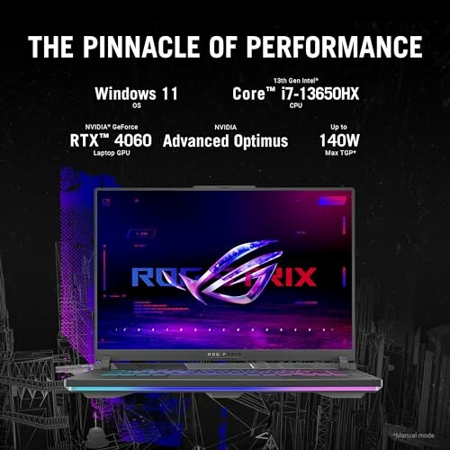 ROG laptop with Windows 11, Intel i7-13650HX, NVIDIA RTX 4060, 140W power