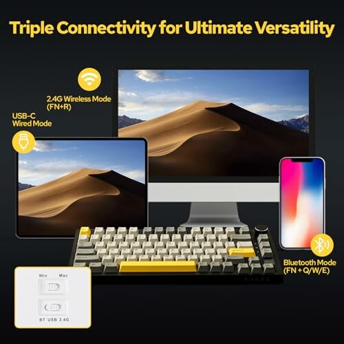 Keyboard with triple connectivity to monitor, tablet, and smartphone.