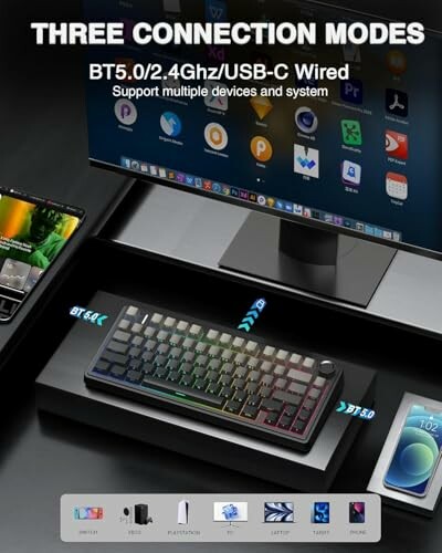 Wireless keyboard with multiple connection modes and devices.